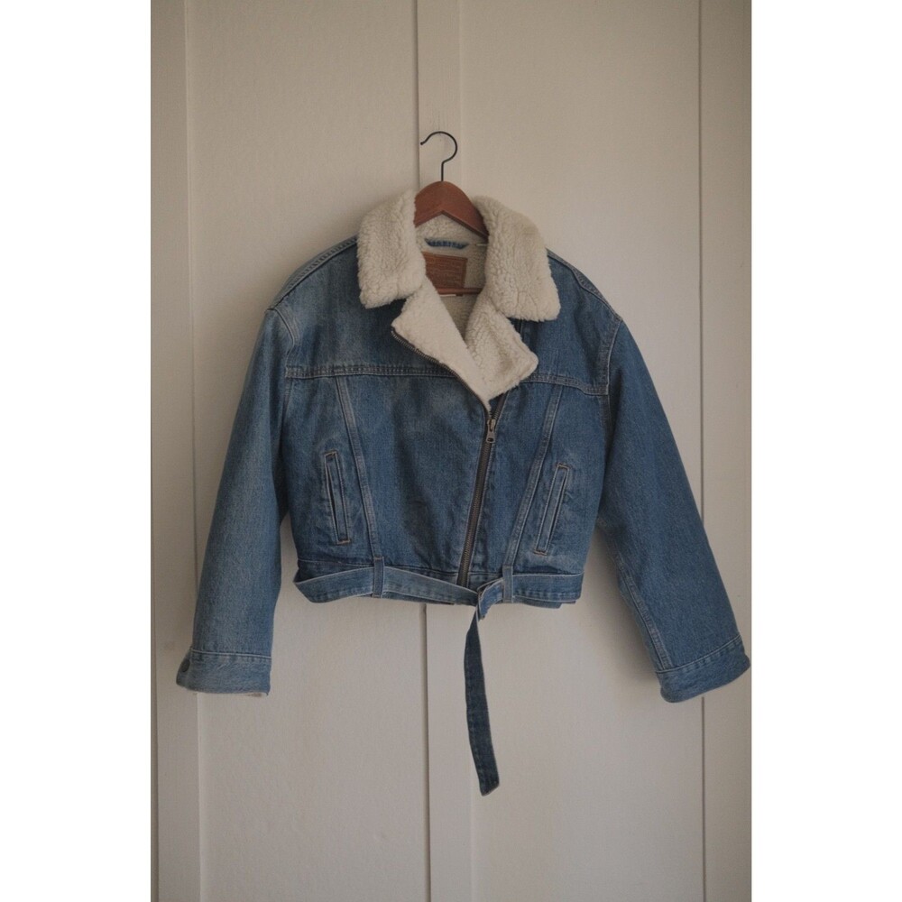 Levis Womens Denim Sherpa Bomber Jacket Belted Cropped Moto Coat Medium Wash [Si